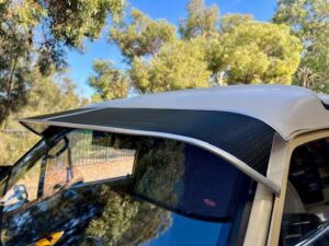 Toyota Hiace Van JR32 1983-1989 Mesh Windscreen Sunvisor An ornamesh, black powder coated mesh sunvisor provides shade at all times. With alloy surrrounds and stainless steel end clips, made strong to last for years. Increases driver and passenger comfort by eliminating glare and heat. Available to suit almost all passenger vehicles, vans, 4WDs and trucks, giving filtered shade.