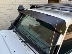Toyota 70-79 Series Landcruiser (with factory snorkel) Black Windscreen Stone Guard and Mesh Sunvisor Bundle