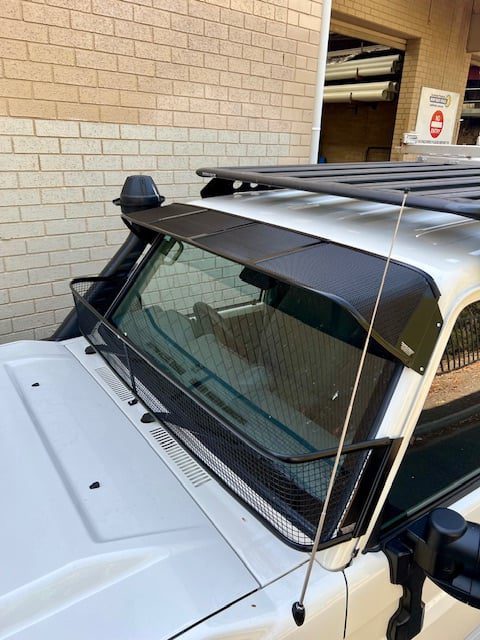 Toyota 70-79 Series Landcruiser (with factory snorkel) Black Windscreen Stone Guard and Mesh Sunvisor Bundle