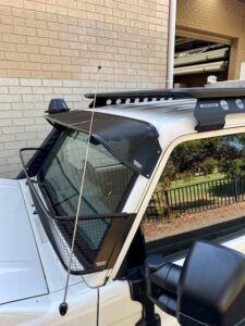 Toyota 70-79 Series Landcruiser (with factory snorkel) Black Windscreen Stone Guard and Mesh Sunvisor Bundle